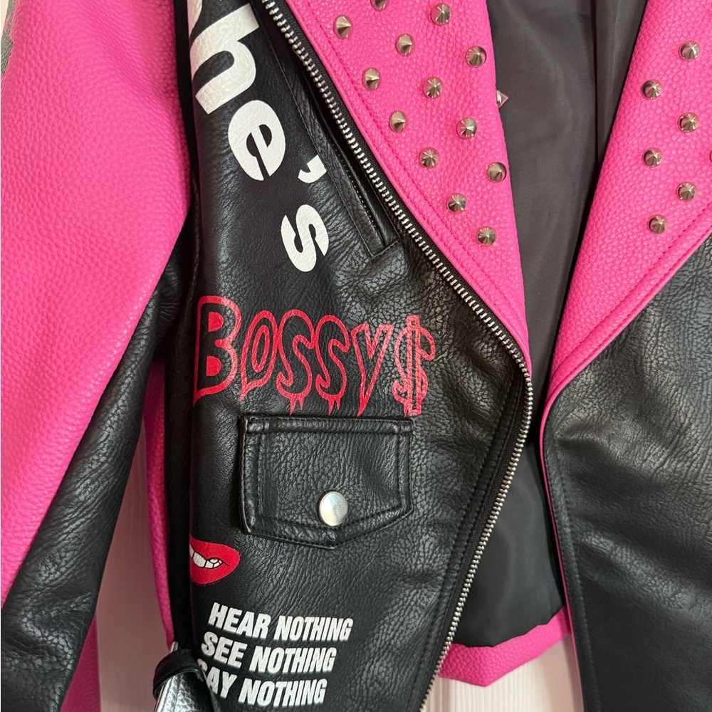 Stylish Vegan Leather Pink and Black Studded Women's Jacket - Picture 3 of 8